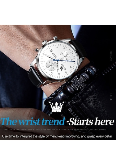 Olevs 2880 Erkekler Çok Fonksiyonlu İş Su Geçirmez Deri Kayış Kuvars Saat Siyah + Gümüş