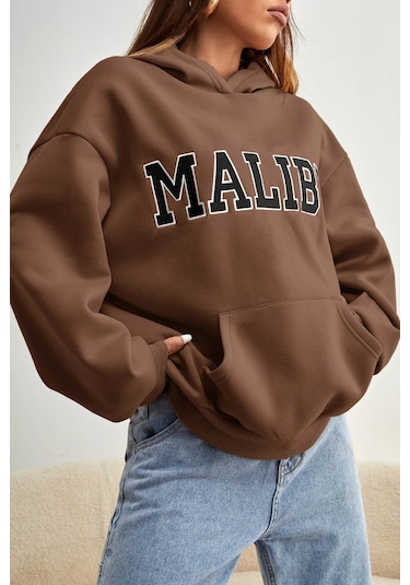 Malıbu Baskılı Oversize Sweatshirt Kahverengi