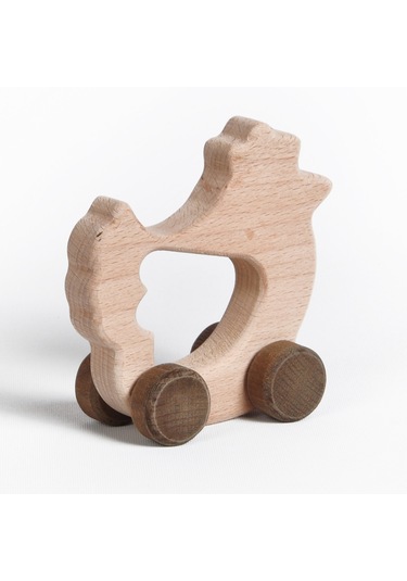 Ahşap El Yapımı Doğal Montessori Tavuk Tekerlekli Oyuncak
