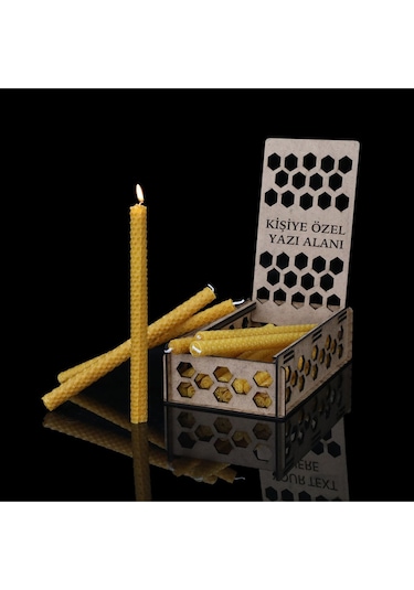 Doğal Balmumu Mum Seti 20 Li 21cm X 1 Cm Kişiye Özel Ahşap Kutulu - %100 Doğal