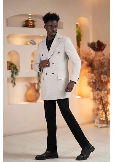 Paul Martin İtalyan Yaka Yünlü Kruvaze Kaşe Kaban Gri