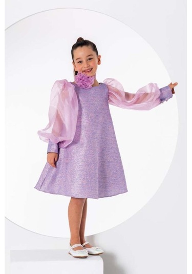 Riccotarz Kız Çocuk Çiçekli Boyunluk Hediyeli Şeffaf Karpuz Kollu Üzeri Simli Lila Elbise Lila