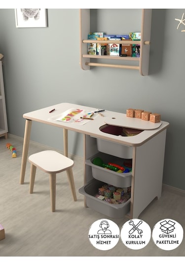 Çocuk Oyun Ve Aktivite Masası - 1 Tabure - Gri Sepetli Beyaz-gri Beyaz - Gri