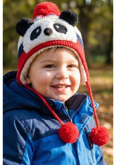 Bay Şapkacı - Sevimli Panda Tasarımlı Unisex Çocuk Kışlık Bere - 5900 Kırmızı