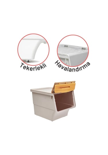 Motek Patateslik Soğanlık Sepeti Oyuncak Kutusu Tekerlekli Organızer Çok Amaçlı Kutu 4x12lt-bambu+krem