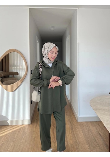 Lena Modal Kumaş Çıt Çıt Detaylı Kadın Tesettür İkili Takım Haki