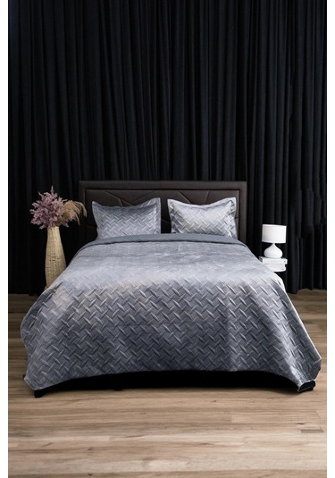 Queen Kadife Çift Kişilik Yatak Örtüsü - Antrasit