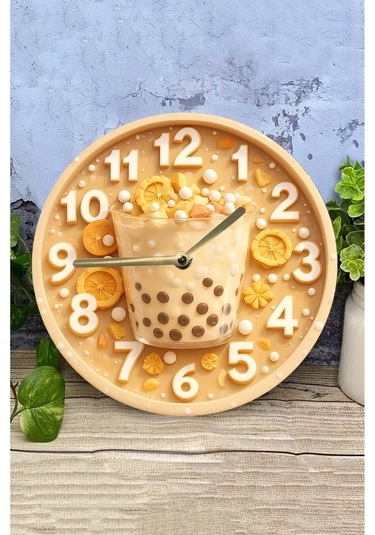Zamanın Tadı Bubble Tea Temalı Sessiz Yuvarlak Ahşap Duvar Saati, Kuvars Coffe Desen 2d Sdw2014 Renkli