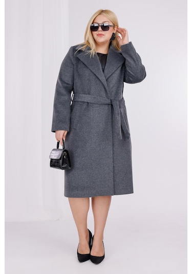 Kadın Gri Yün Kaşe Kemer Ve Astar Detay Büyük Beden Kaban Gri