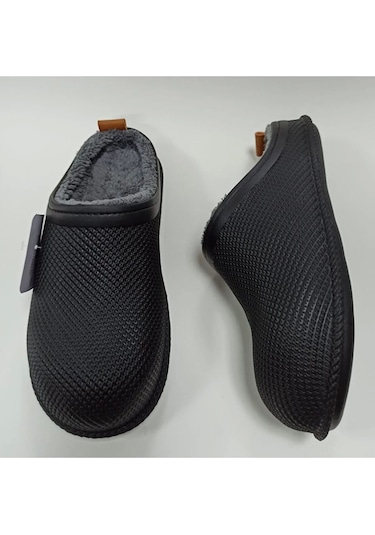 Gezer Kışlık Islak Zemin Erkek Terlik Önü Kapalı Tüylü Siyah Siyah