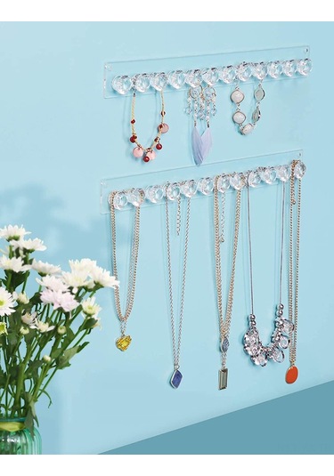 Kangvka Duvar Tipi Akrilik Gümüşlük Seti 2 Adet, 12 Elmas Şekilli Kanca İle Gümüş Ve Kolye Saklama, Kadınlar Ve Gençler İçin Pratik Hediyelik Ürün Şeffaf