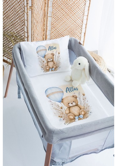 Lilabio %100 Pamuk Saten İsme Özel İsimli 70x120 Park Yatak Nevresim Seti-ayıcık-