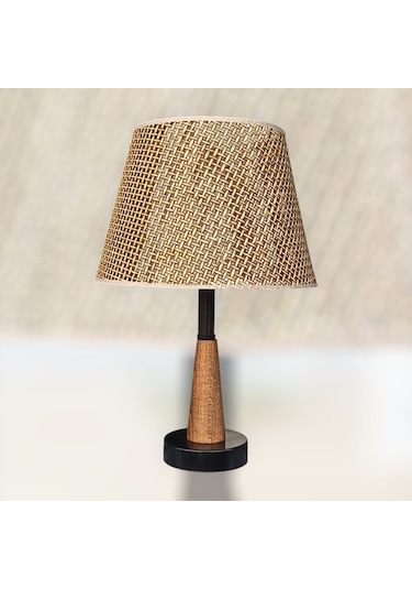 Legna Abajur Siyah Rattan Kahverengi Şapkalı Ahşap Gövdeli