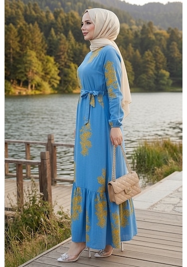 Bestenur Noyra Desenli Viskon Elbise 1722 - Mavi