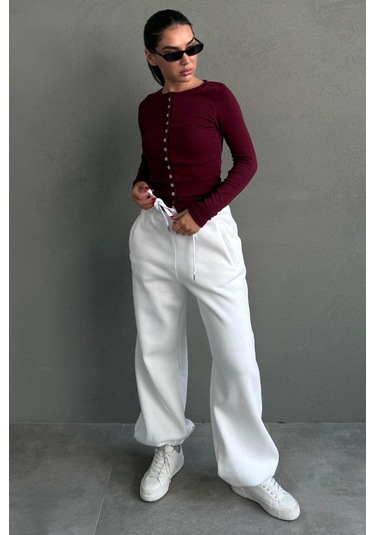 Ekru Geniş Paça Rahat Kalıp Lastikli Eşofman Altı Mg2581 Ekru