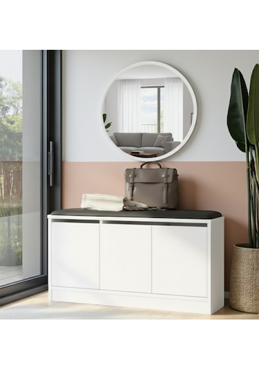 Robin Home Puflu Minderli Oturaklı Aynalı Ayakkabılık Dolap 90cm Beyaz Beyaz