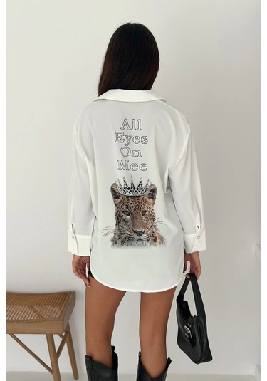 Kaplan Desen Taç Baskılı Taşlı Gömlek Beyaz