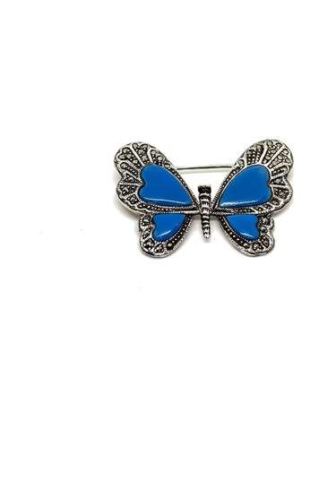 Oya Silver Markazit Taşlı Gümüş Kelebek Broş 83458385348 Mavi