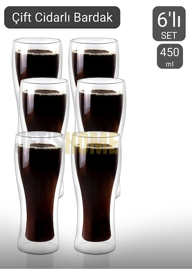 6 Lı Set Bira Bardağı Kahve Bardağı Çift Cidarlı Bardak Meşrubat Bardağı 420 Ml Şeffaf