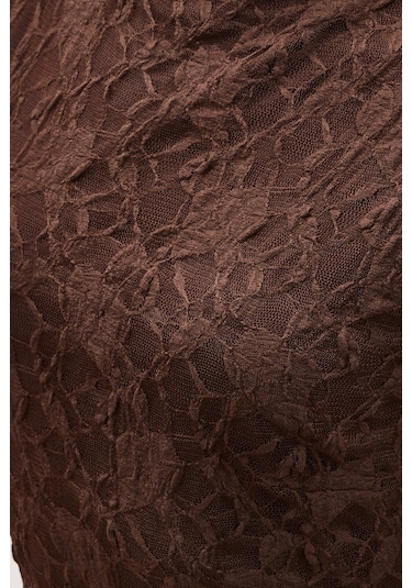 Sateen Dantel Kolsuz Elbise - Kahve-137059 Kahve