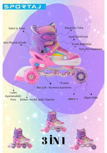 Yıldız Gökkuşağı Işıklı Kız Çocuk Pateni Silikon Teker Ayarlanabilir Paten Taşıma Çantalı Pembe Lila Pembe