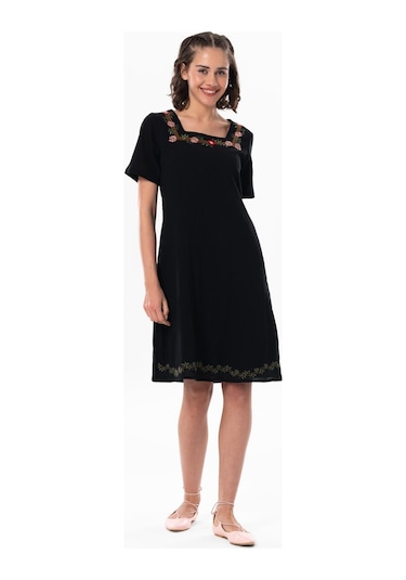 Kısa Kol Şile Bezi Kare Yaka Narin Kısa Yazlık Elbise Siyah Syh-siyah Siyah