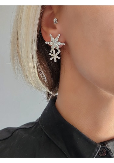 Kar Tanesi Model Kristal Taşlı Küpe Silver