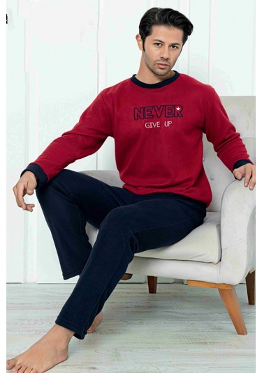 Falkom 7203 Yazılı Nakışlı Polar Kışlık Erkek Pijama Takımı Uyku Takımı Bordo