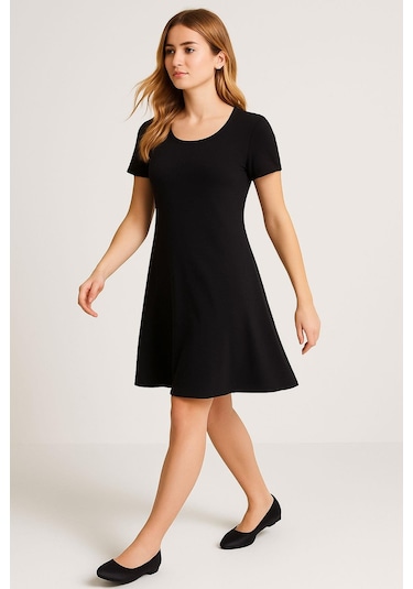 2 Adet Dökümlü Rahat Kalıp Günlük Penye Kumaş Elbise Siyah