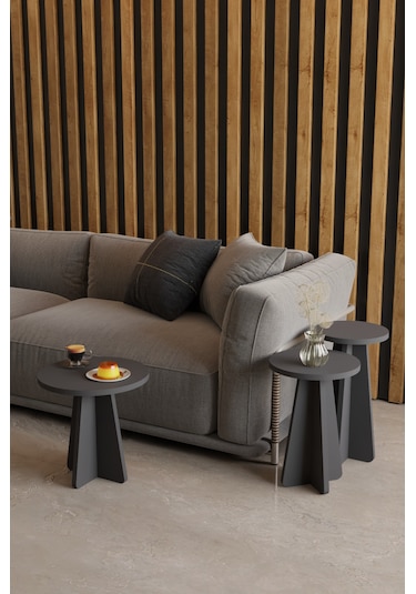 Alpa Ev Mobilya 3 Lü Mantar Zigon Sehpa Seti Modern Yuvarlak Tasarım, Dekoratif İskandinav Stil Antrasit