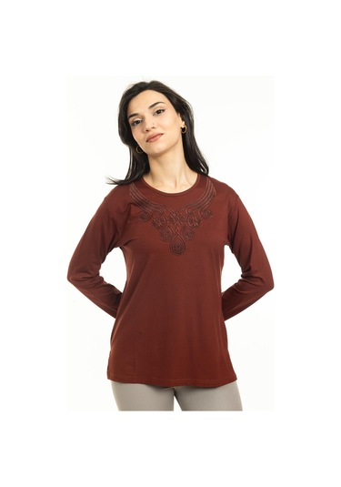 Kadın Orta Yaş Ve Üzeri Yeni Model Yuvarlak Yaka Likralı Anne Penye Bluz 30550-taba