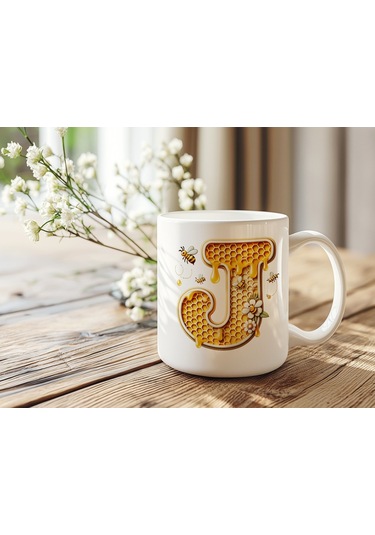 J Harfi Bal Arısı Tasarım Kupa Bardak - Bal Ve Petek Desenli Kişiye Özel Kahve Kupası - Hediyelik Beyaz