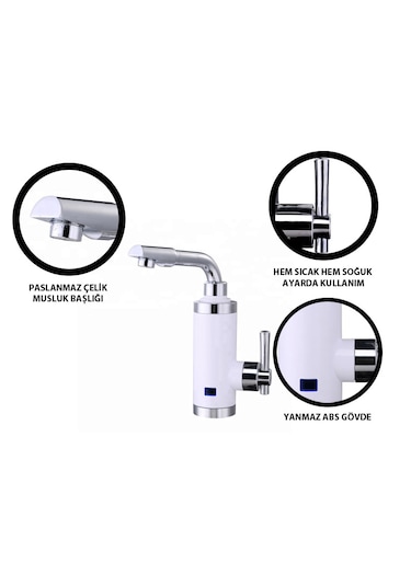 Elektrikli Sıcak Musluk Ani Su Isıtıcı Termal Şofben Musluk Asg5b Beyaz