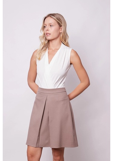 Kadın Yüksek Bel Hafif Likralı Kumaş Pilikaşeli Diz Boy Çan Etek-vizon Vizon