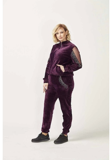 1950 Kolları Taşlı Tam Kalıp Tarz Kadife Büyük Beden Eşofman Takım Mürdüm Mürdüm