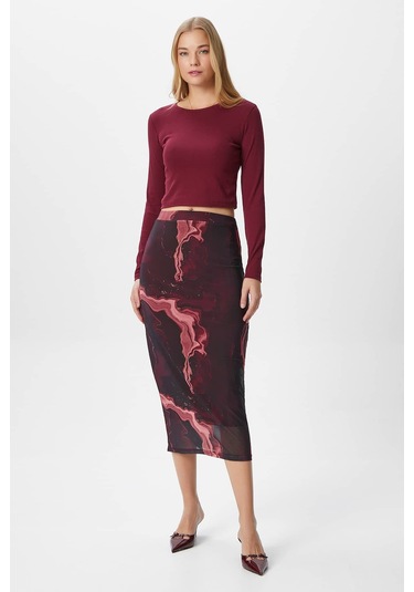 Kadın Dania Astarlı Bel Lastikli Şifon Bordo Midi Kalem Etek Bordo