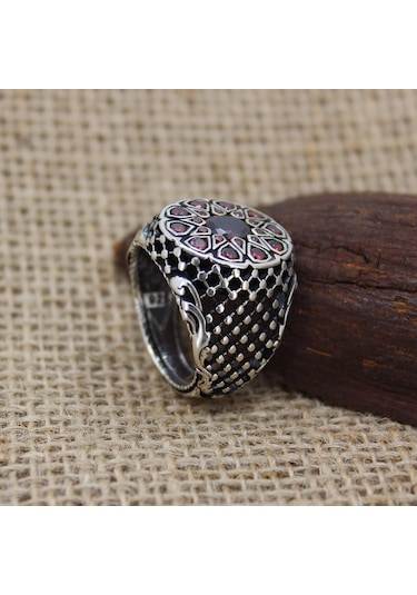 Kırmızı Zirkon Taşlı Oval Kasa 925 Ayar Gümüş Erkek Yüzüğü Gümüş