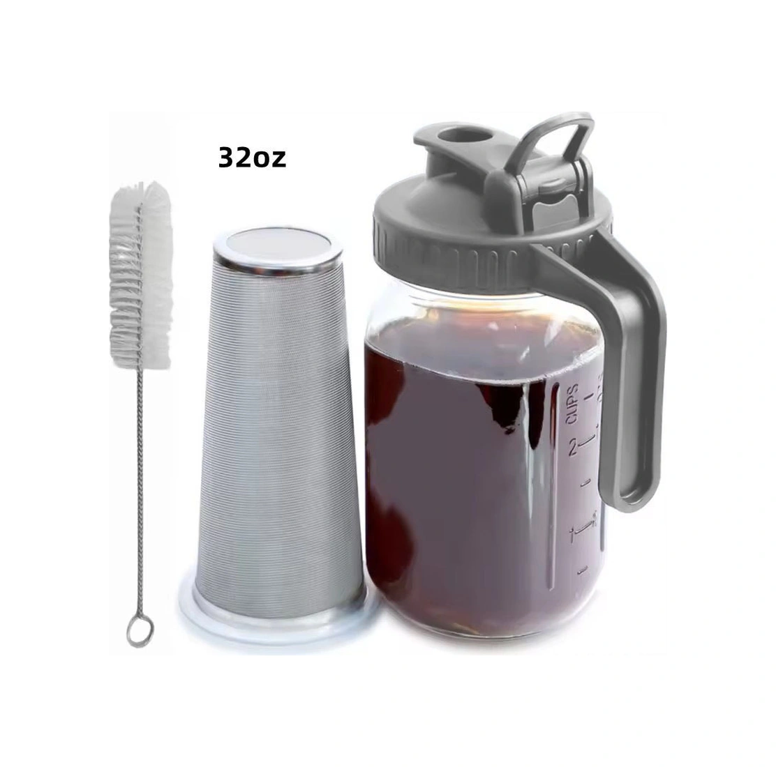 Geeksen 32oz Cam Mason Kavanozu, Eldivenli Kapağı Ve Izgara Filtre İle, Şeffaf Vücut, Ölçü Çizgileri, Soğuk İçecekler İçin Spor Ve Dışarıda Kullanım Gri