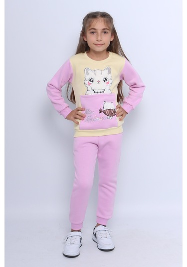 Kız Çocuk 3 İplik Eşofman Takımı Kedi Baskılı E4 LİLA