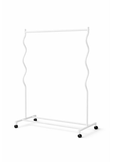 Modern Lüks Desenli Metal Tekerlekli Konfeksiyon Askılığı Kıyafet Askısı Stand Beyaz