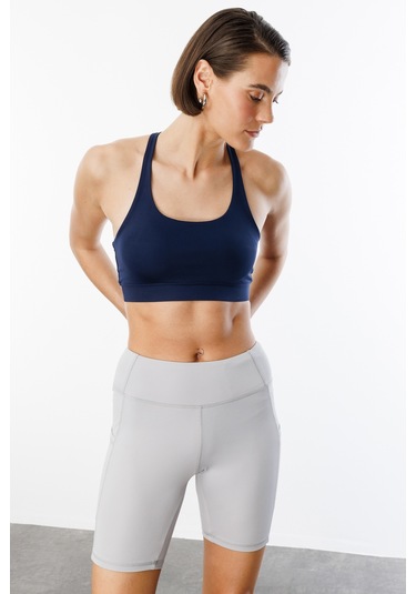 Yüksek Bel Toparlayıcı Çift Cepli Biker Şort Kısa Spor Tayt Kısa-tayt Gri