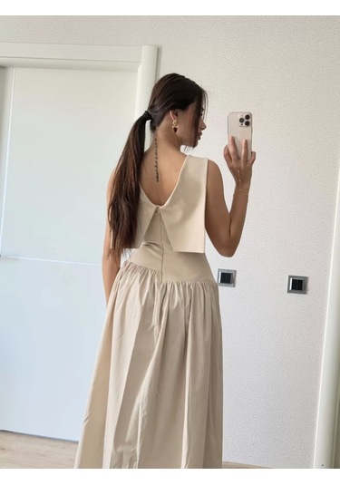 Krep Arkası Kanat Arka Ön Pens Detaylı Uzun Kadın Elbise - Bej Bej