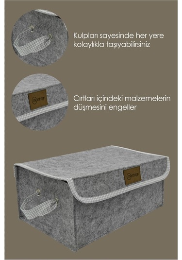Mordesign Saklama Kutusu, Dolap Içi Çamaşır/oyuncak Düzenleyici, Yenidoğan Için Kapaklı Keçe Organizer Gri-gri Ekose
