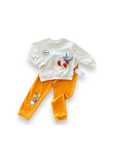 6-9-12-18 Ay Ördek Baskılı Pamuk Penye Kumaş Erkek Bebek Takımı Turuncu Çok Renkli