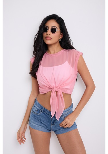 Önü Bağlamalı Tül Bluz Toz Pembe