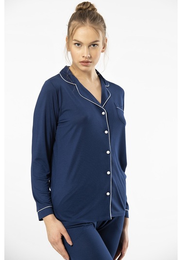 Türen 3365 Kadın Uzun Kollu Gömlek Yaka Pijama Takım-lacivert Lacivert