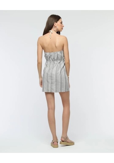 Evyora Kuşaklı Çizgili Mini Keten Elbise Gri