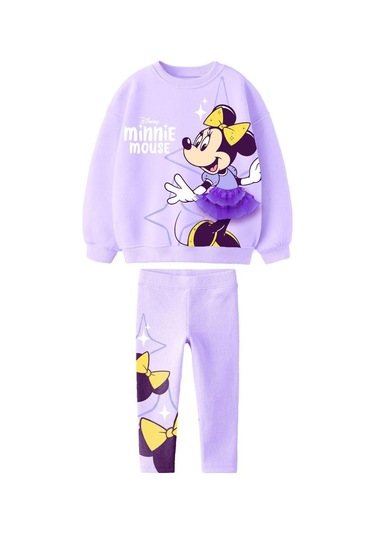 Kız Çocuk Mickey Minnie Mouse Baskılı Aplike Tütü Detaylı Sweartshirt Ve Tayt Alt Üst Takım 3 İplik Mor