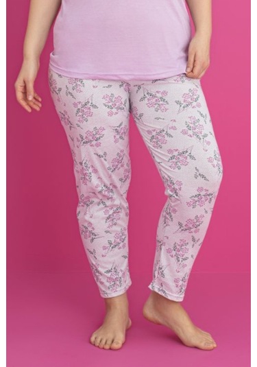 X-dreamy Büyük Beden Pamuklu Çiçekli Kısa Kollu Pijama Takımı Lila