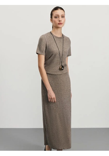 Zarına Melanjö Kumaştan Yırtmaç Detaylı Maxi Örgü Etek 465544114 Bej